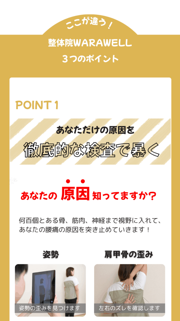 腰痛、脊柱管狭窄症が得意な整体院WARAWELLのこだわりポイント